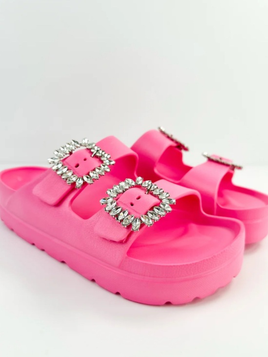 Shoes - Woman’s Pink Gem Buckle Slide Sandals Size 10